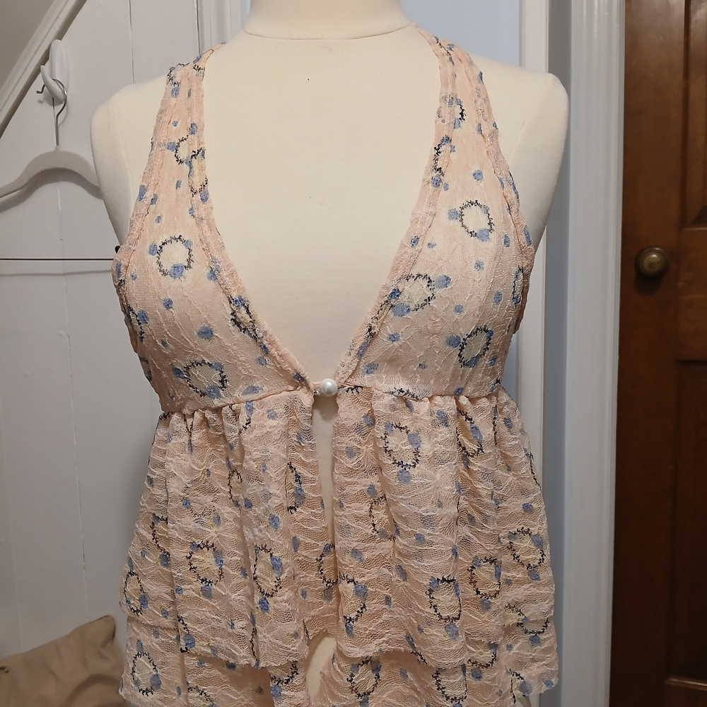 579 Pink Lace Babydoll with Blue Accents And Pearl Button Coquette Sexy Top